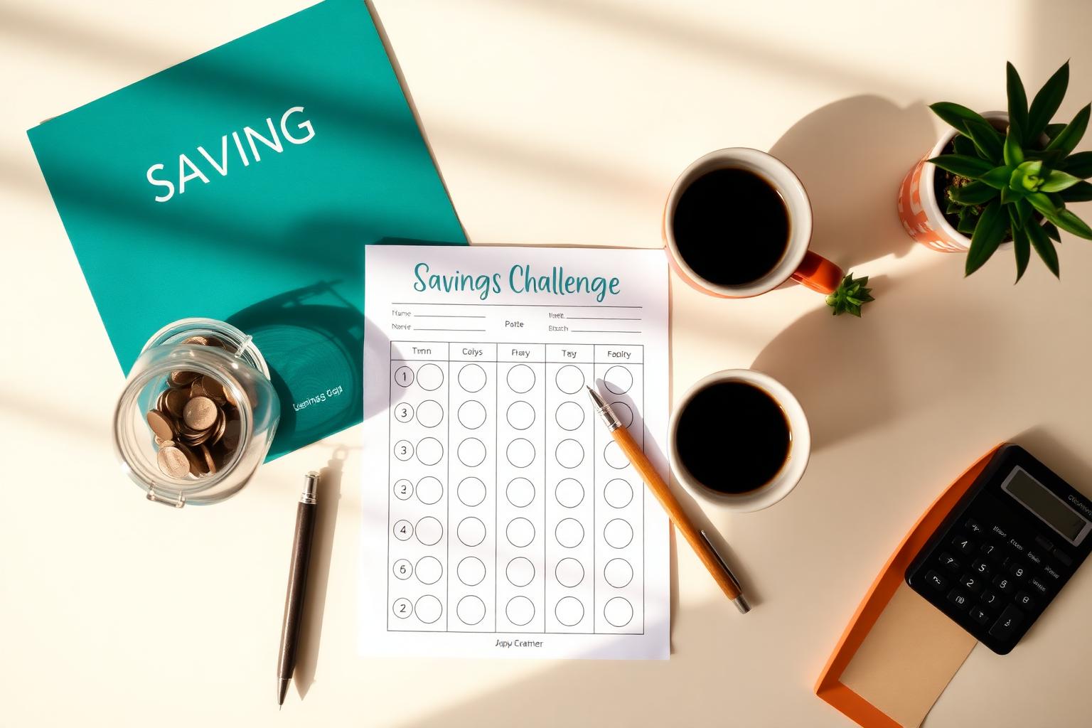 Printable savings challenge tracker on a desk with a jar of coins, coffee and a calculator